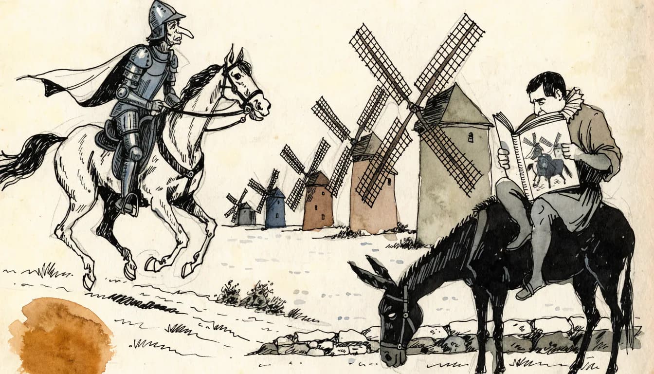 Ilustração de cavaleiro magro investindo contra moinhos enquanto escudeiro à beira do caminho lê o mesmo lance num livro aberto