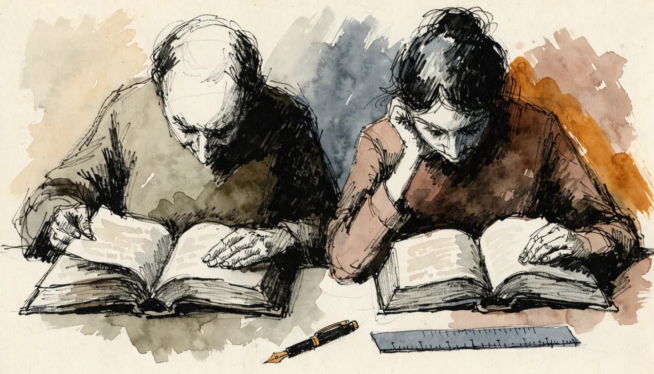 Ilustração de um adulto e um jovem autodidata na mesma mesa, cada um com o mesmo volume clássico aberto em páginas distintas