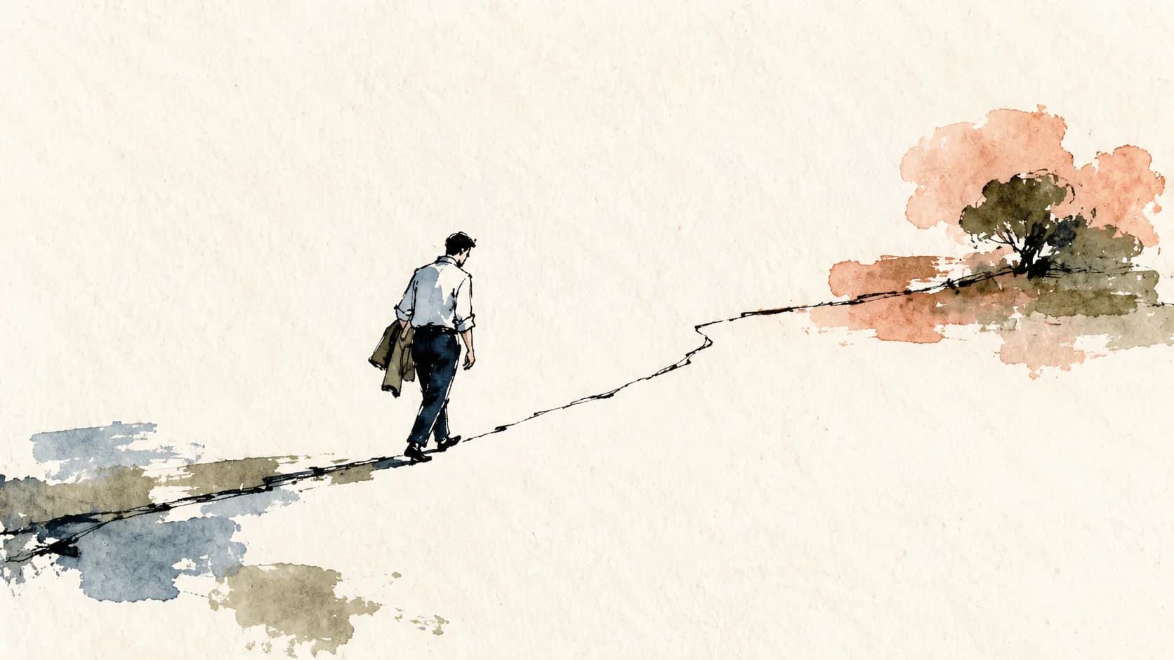 Ilustração de um homem caminhando por uma linha em direção a uma árvore