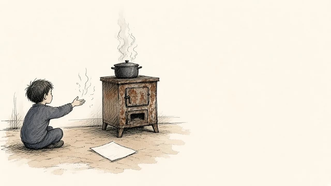 Criança sentada no chão, de costas, estende a mão aberta no ar, a certa distância de um fogão a lenha com uma panela fumegante, sentindo o calor; no chão, uma folha de papel em branco.