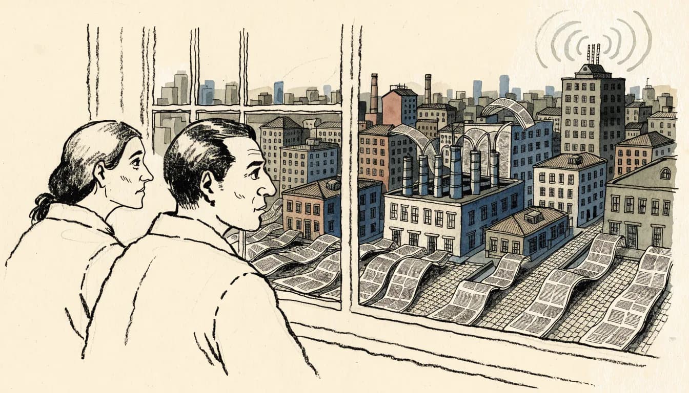 Ilustração de estudiosos na janela de um instituto observando fábrica que imprime revistas idênticas envolvendo as ruas