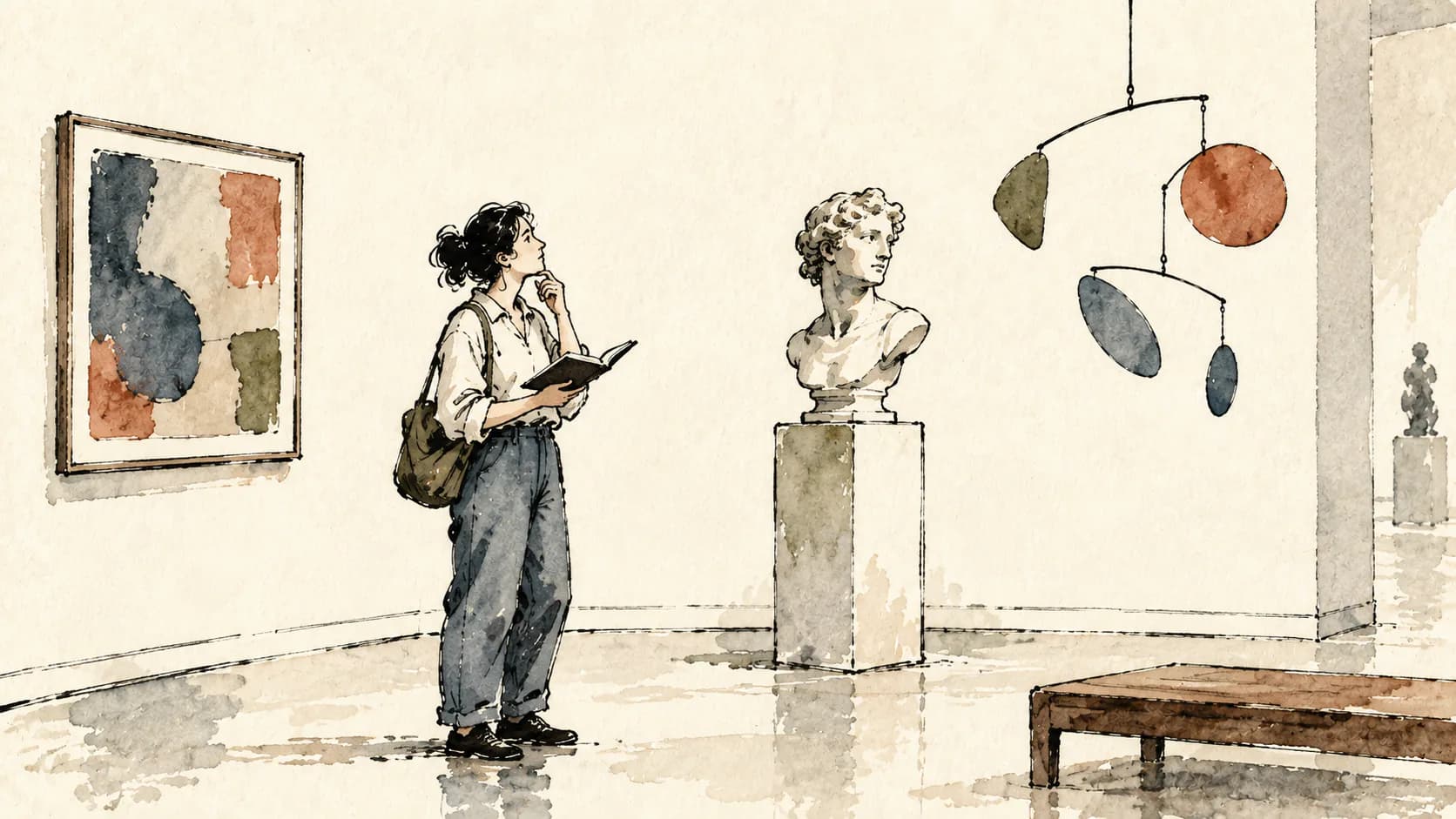 Visitante observa uma pintura enquanto anota perguntas sobre beleza, forma e significado