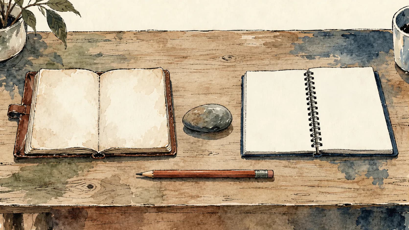Caderno antigo e caderno moderno separados por uma pedra sobre a mesa