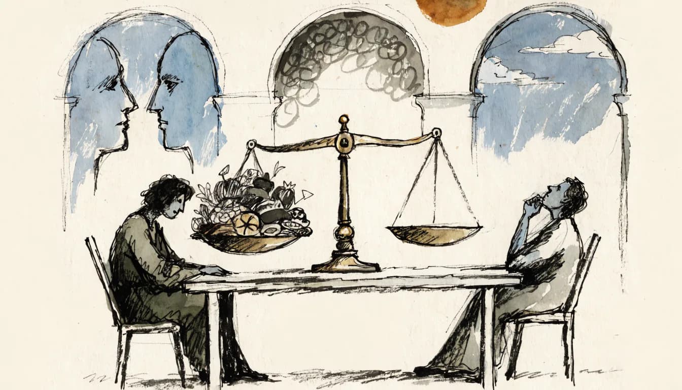 Ilustração de balança no centro da mesa entre figuras contemplativas, prato carregado de frutos e prato vazio sob arcos