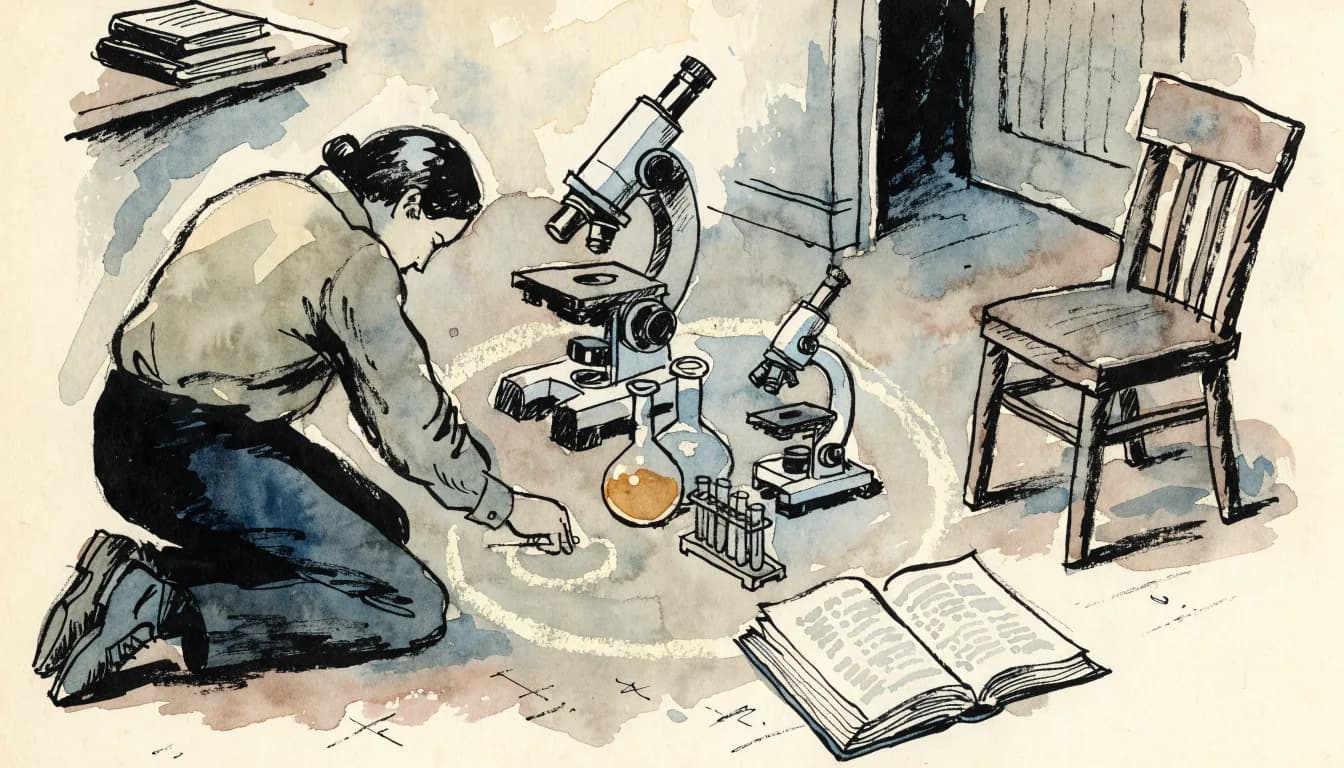 Ilustração de um cientista que traça com giz um círculo de limites ao redor dos instrumentos do laboratório
