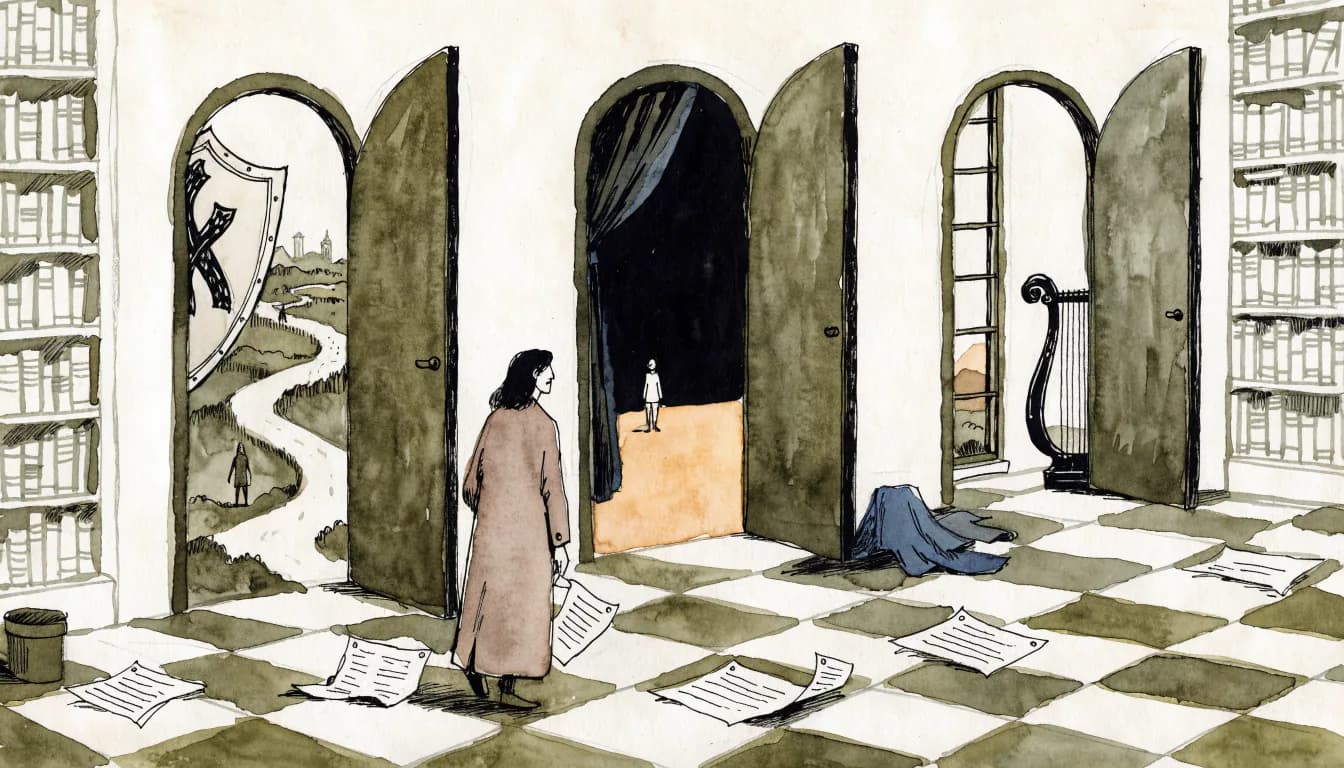 Ilustração de três portas simbólicas na biblioteca; fichas escolares caídas no chão