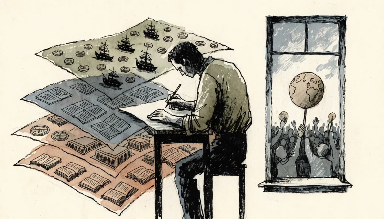 Ilustração de cartógrafo desenhando três camadas de mapa-múndi enquanto multidão do lado de fora agita um único globo de papelão