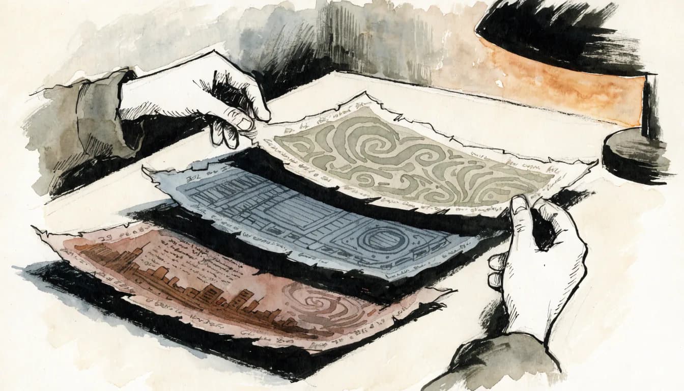 Ilustração de mãos separando três camadas de um manuscrito antigo sob luz de estudo