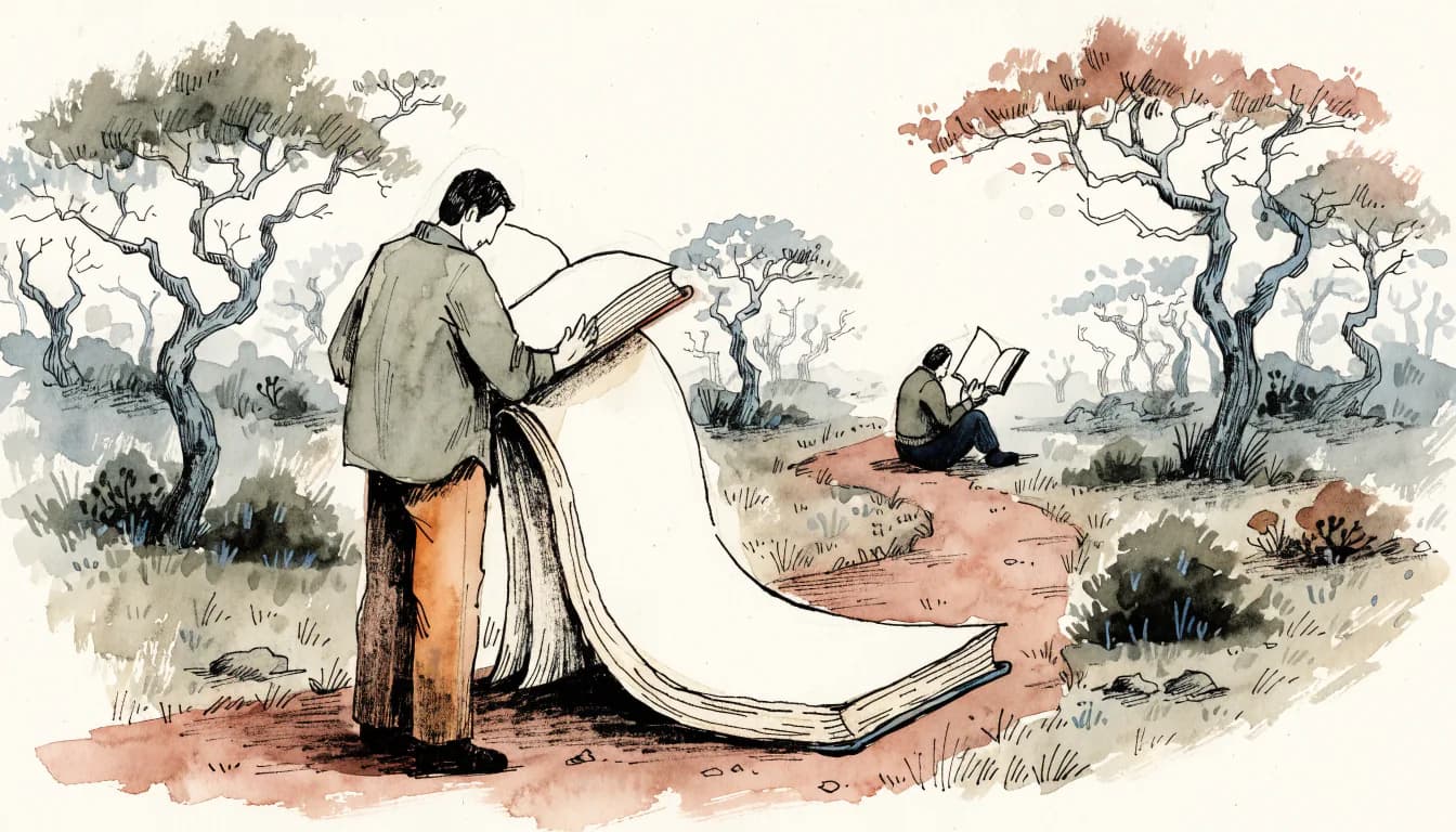 Ilustração de leitor abrindo livro cujas páginas viram vereda no cerrado enquanto outro leitor fica preso na primeira página