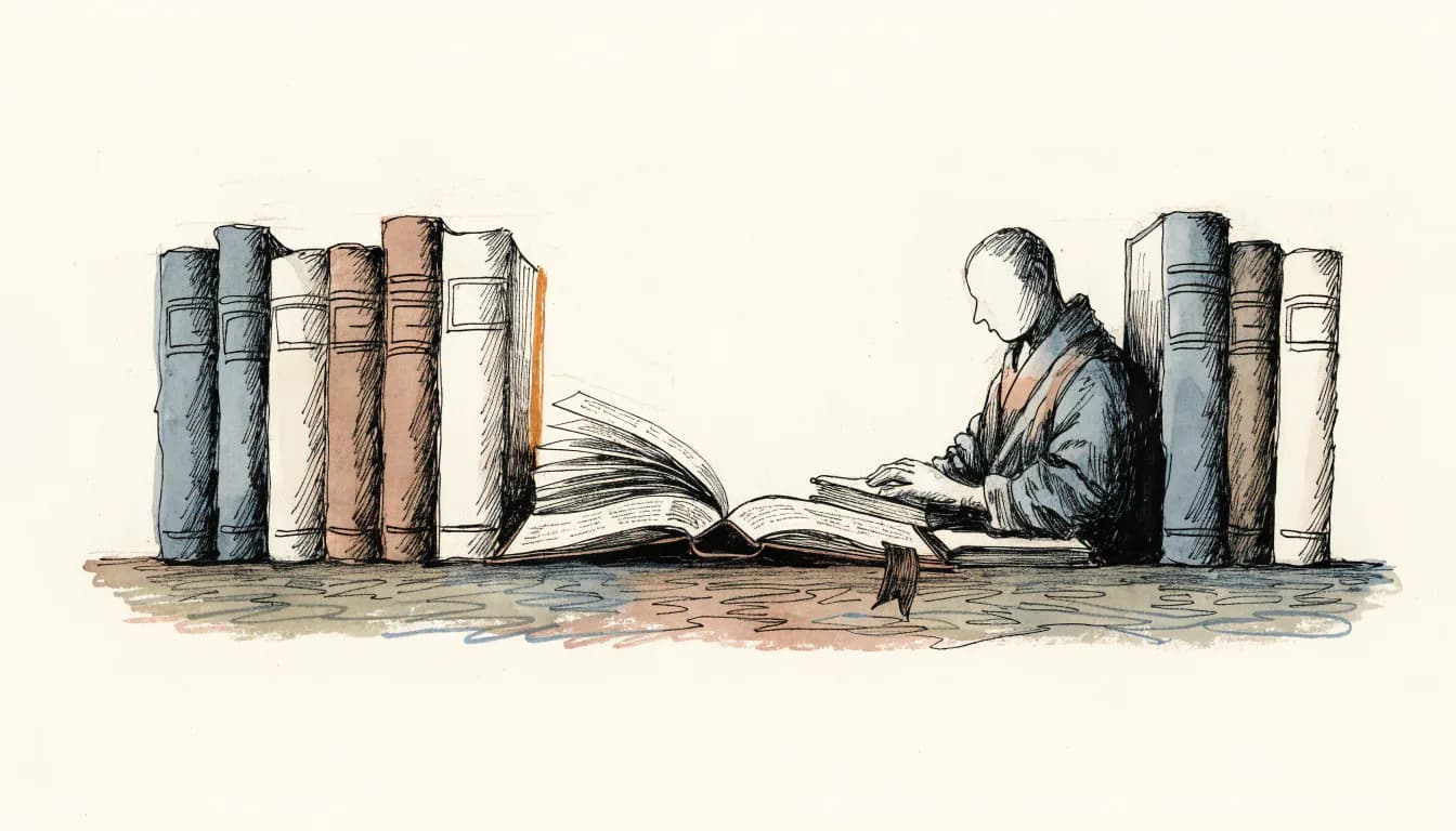 Ilustração de doze volumes em fila numa mesa; só o terceiro aberto com marcador e caderno, o restante à espera na sombra