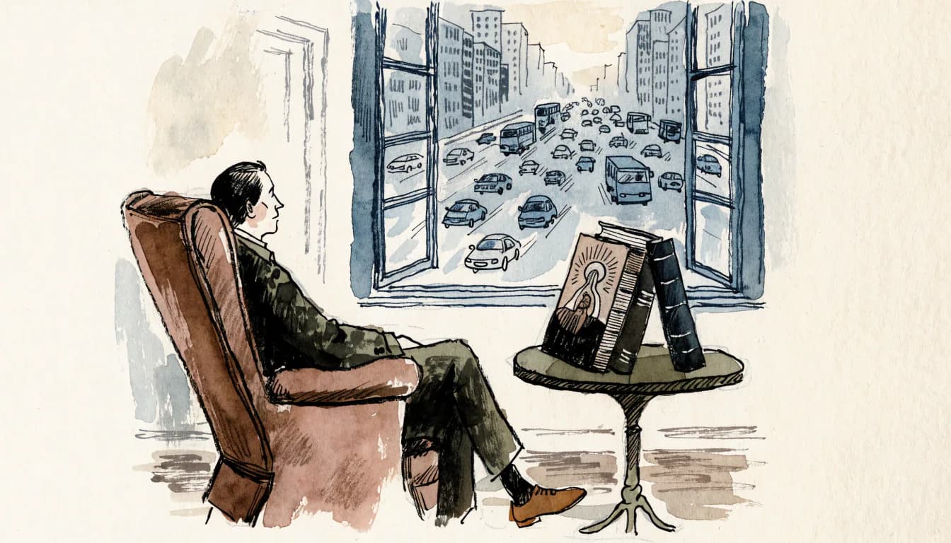 Ilustração de ensaísta em poltrona diante da janela para avenida moderna, volumes católicos na mesinha ao lado
