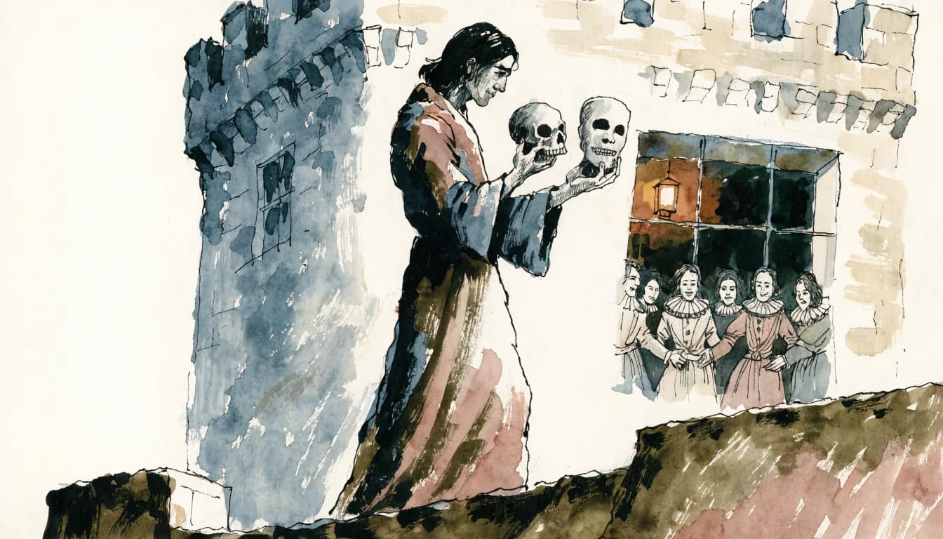 Ilustração de príncipe no baluarte segurando crânio e máscara enquanto cortesãos ensaiam sorrisos na janela