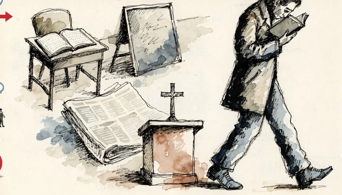 Ilustração de um leitor sobre um chão feito de escola, jornal e púlpito, com seta de meme irrelevante à margem