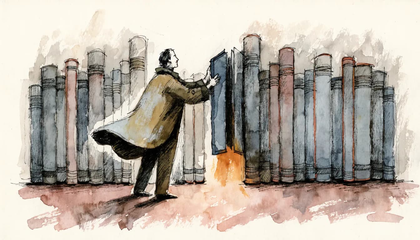 Ilustração de um leitor abrindo só o volume do meio numa parede de tomos, como um portão estreito