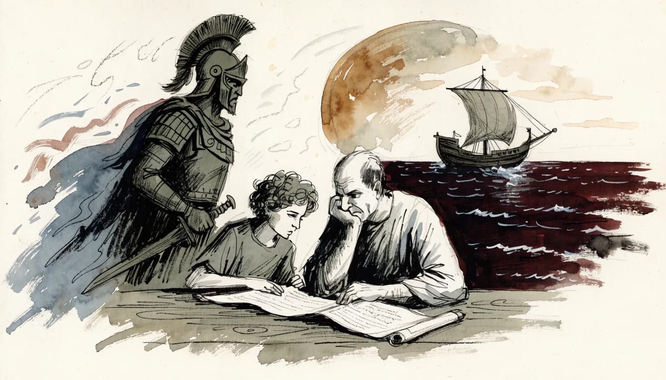 Ilustração de pai e filho lendo rolo épico com fundo partido entre guerreiro e navio no mar escuro