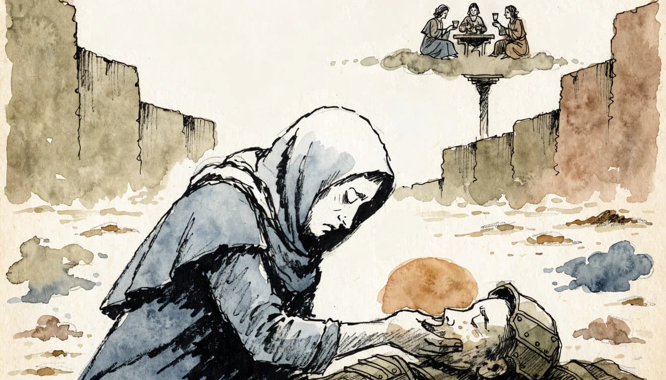 Ilustração de guerreiro lavando o rosto de inimigo caído sob deuses minúsculos que picnicam numa nuvem