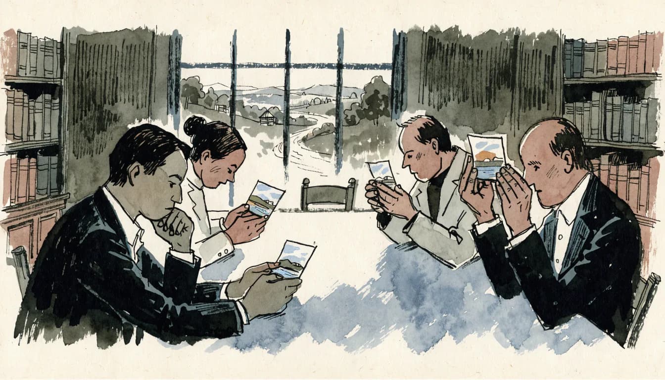 Ilustração do comitê do cartão-postal: leitores solenes estudam o mesmo cartão enquanto a janela mostra a paisagem que ninguém encara