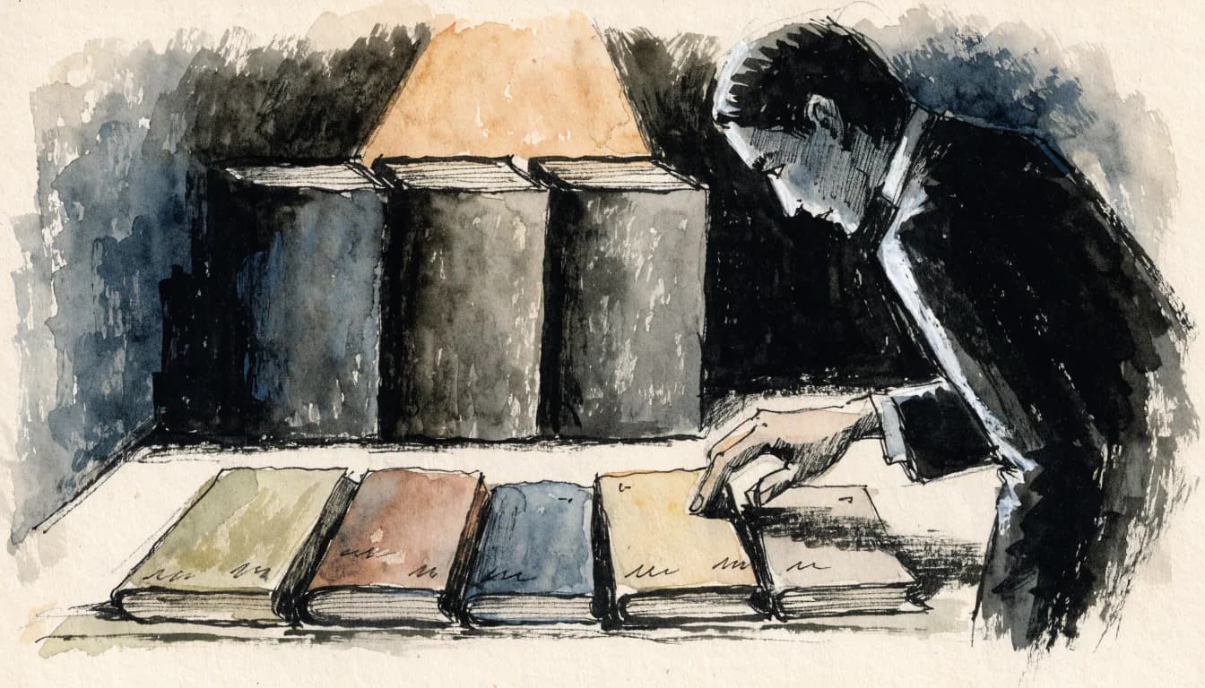 Ilustração de estante de ensaios sob luz âmbar; três volumes maiores fechados ao fundo