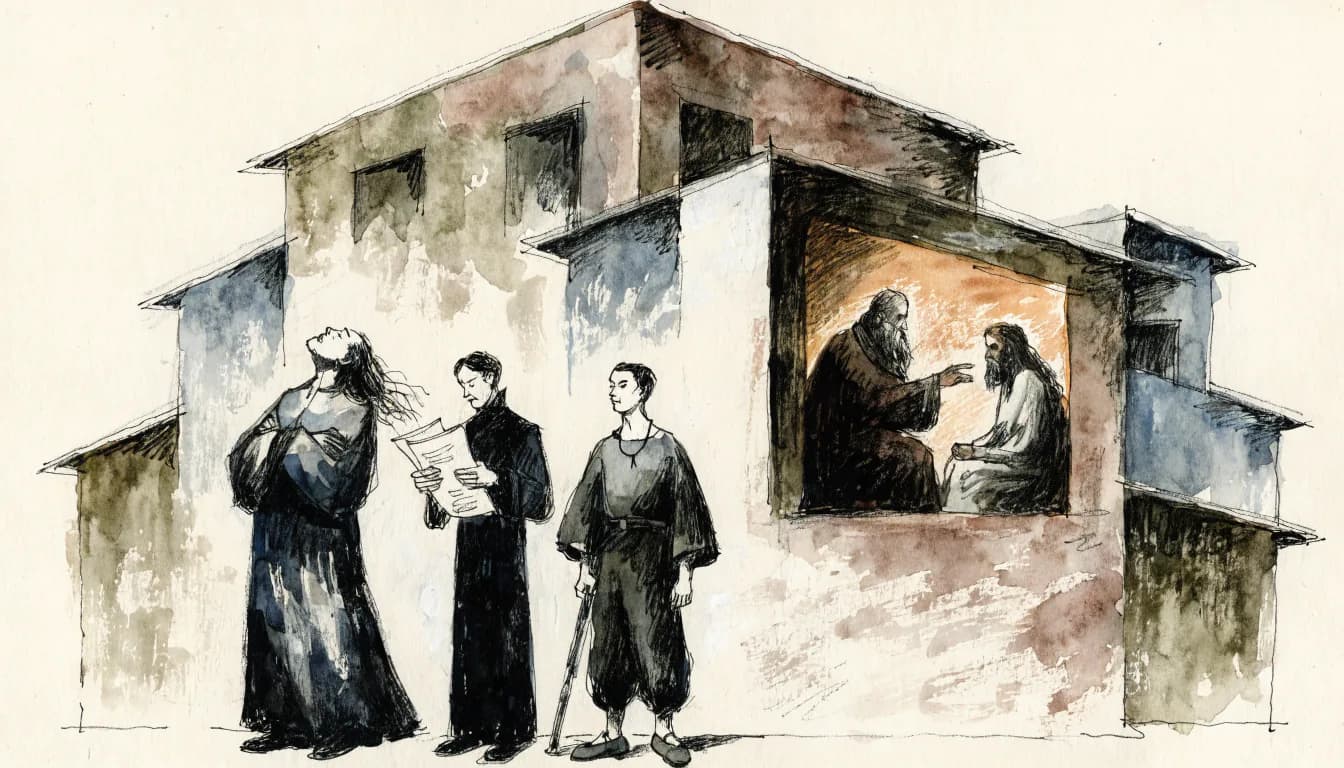 Ilustração de casa russa com três irmãos distintos e janela lateral do Grande Inquisidor falando a um prisioneiro silencioso