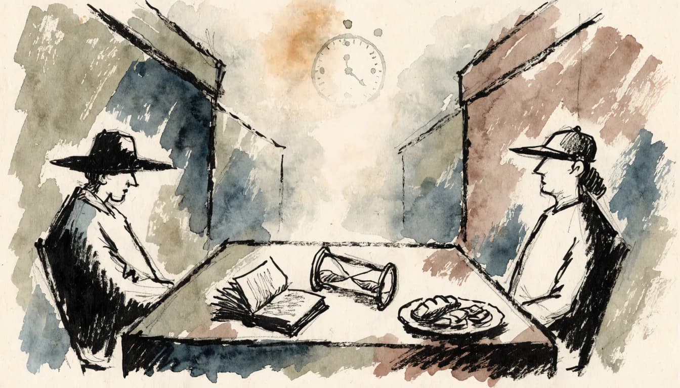 Ilustração de ampulheta deitada ao lado de livro aberto e prato de festa, com relógio de fábrica sumindo na névoa