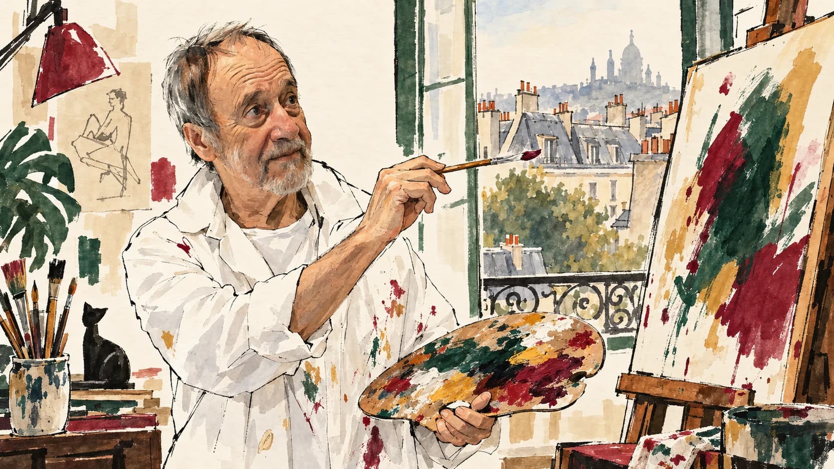 Retrato ilustrado de Juarez Machado com pincel e paleta em um ateliê imaginado, diante de um cavalete e de telhados parisienses