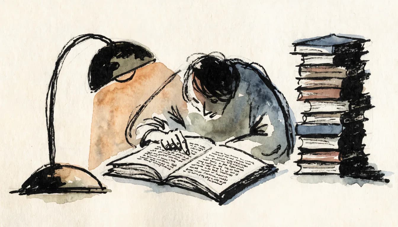 Ilustração de um leitor sob a lâmpada demorando num parágrafo enquanto uma pilha de livros fica na sombra