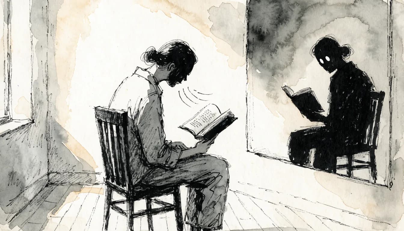 Ilustração de adulto lendo clássico em voz alta num quarto pequeno, enquanto a silhueta silenciosa na parede lê só com os olhos