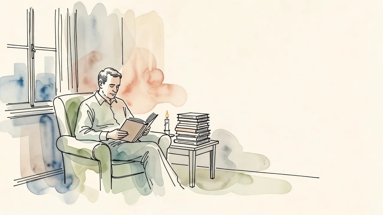 Homem de meia-idade lendo numa poltrona junto à janela ao entardecer; ao lado, uma mesinha com uma pequena pilha de livros e uma vela acesa.