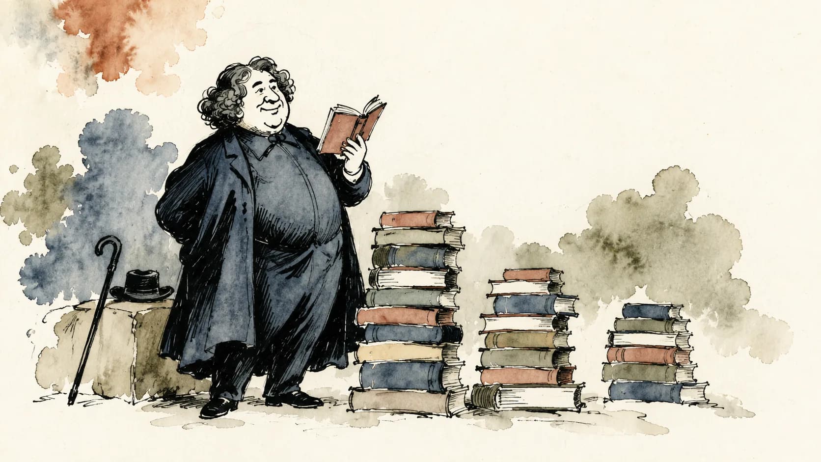 Ilustração de um leitor bem-humorado ao lado de pilhas de livros, chapéu e bengala
