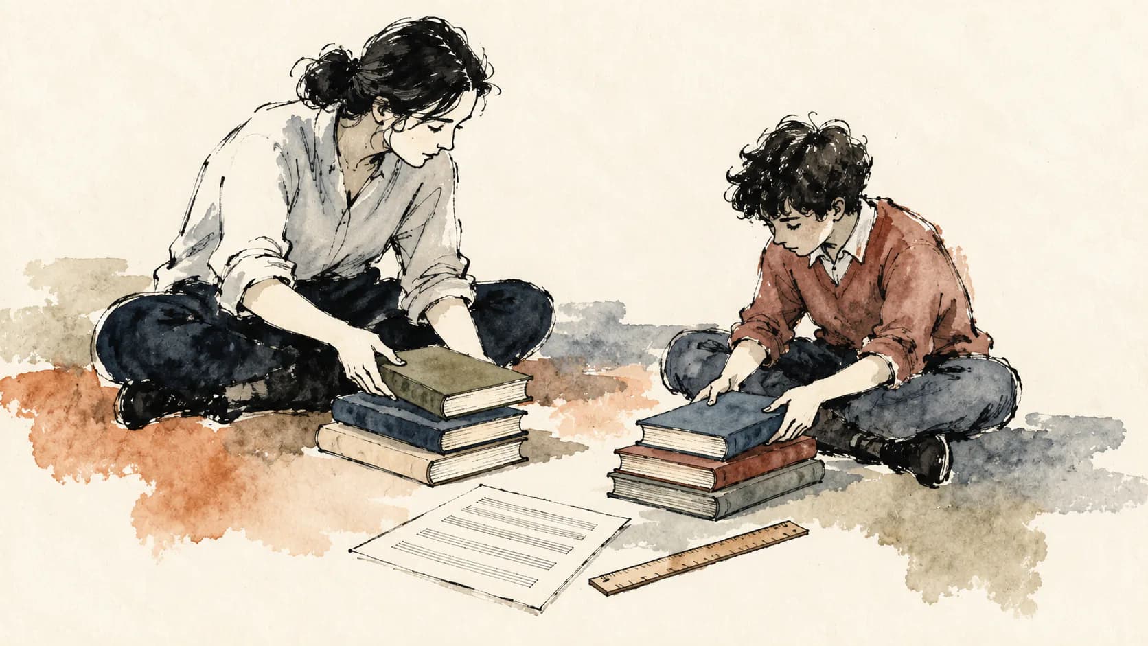 Ilustração de uma adulta e um jovem organizando duas pequenas pilhas de livros