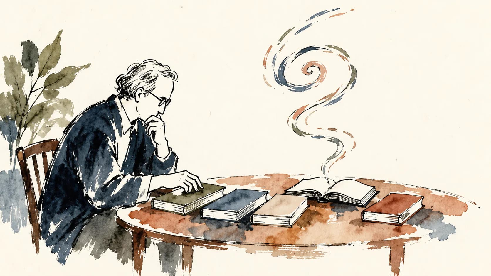 Ilustração de um leitor organizando livros enquanto uma espiral se eleva de um volume aberto