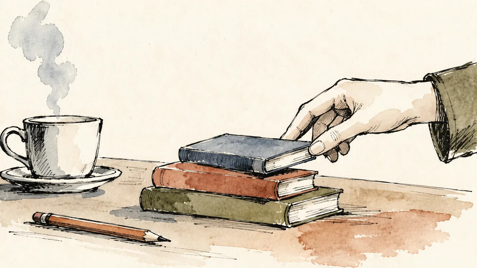Pequena pilha de livros curtos de filosofia com lápis e xícara