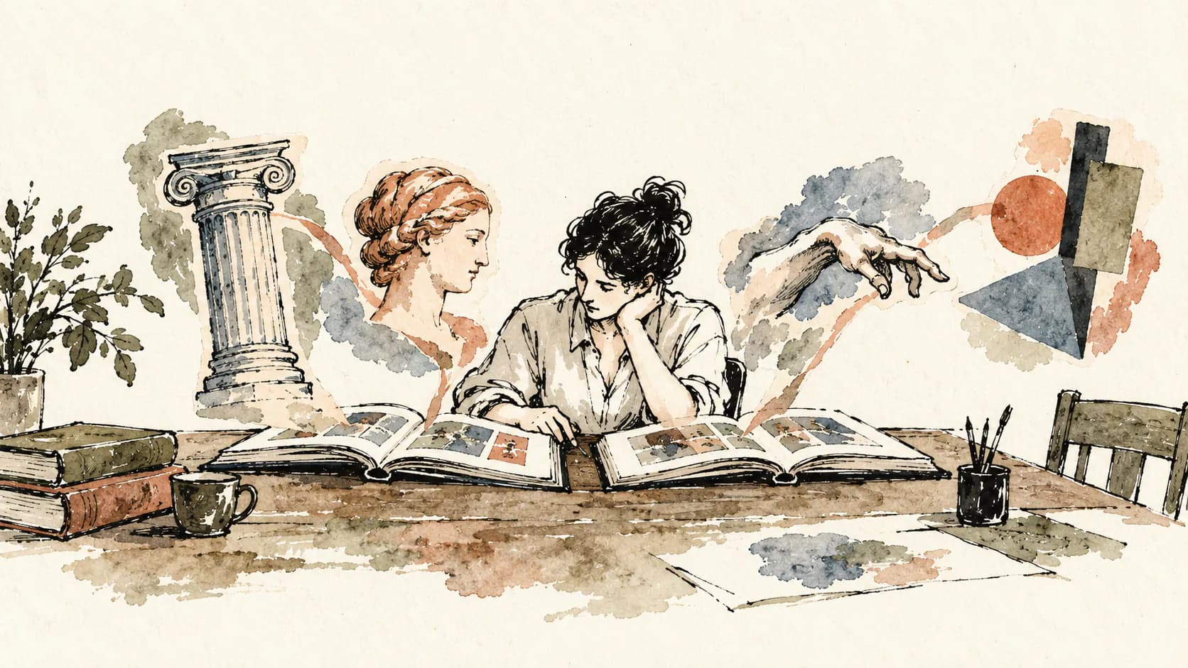 Leitora compara reproduções de pinturas em livros de história da arte