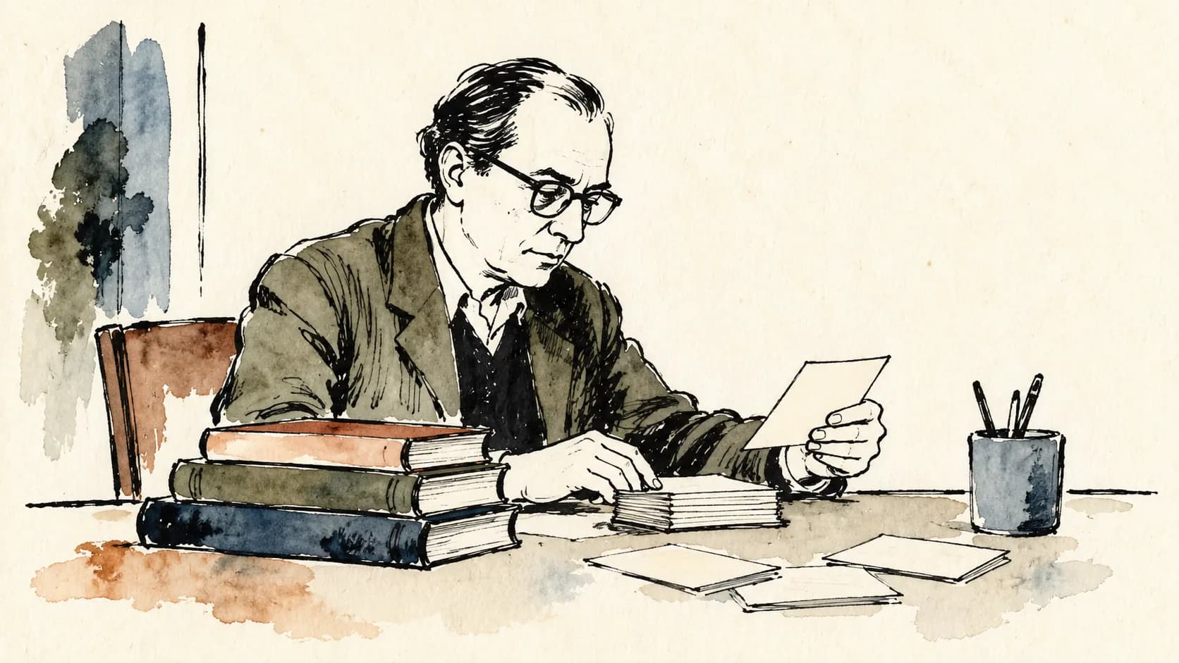 Retrato de Mário Ferreira dos Santos junto de seus livros