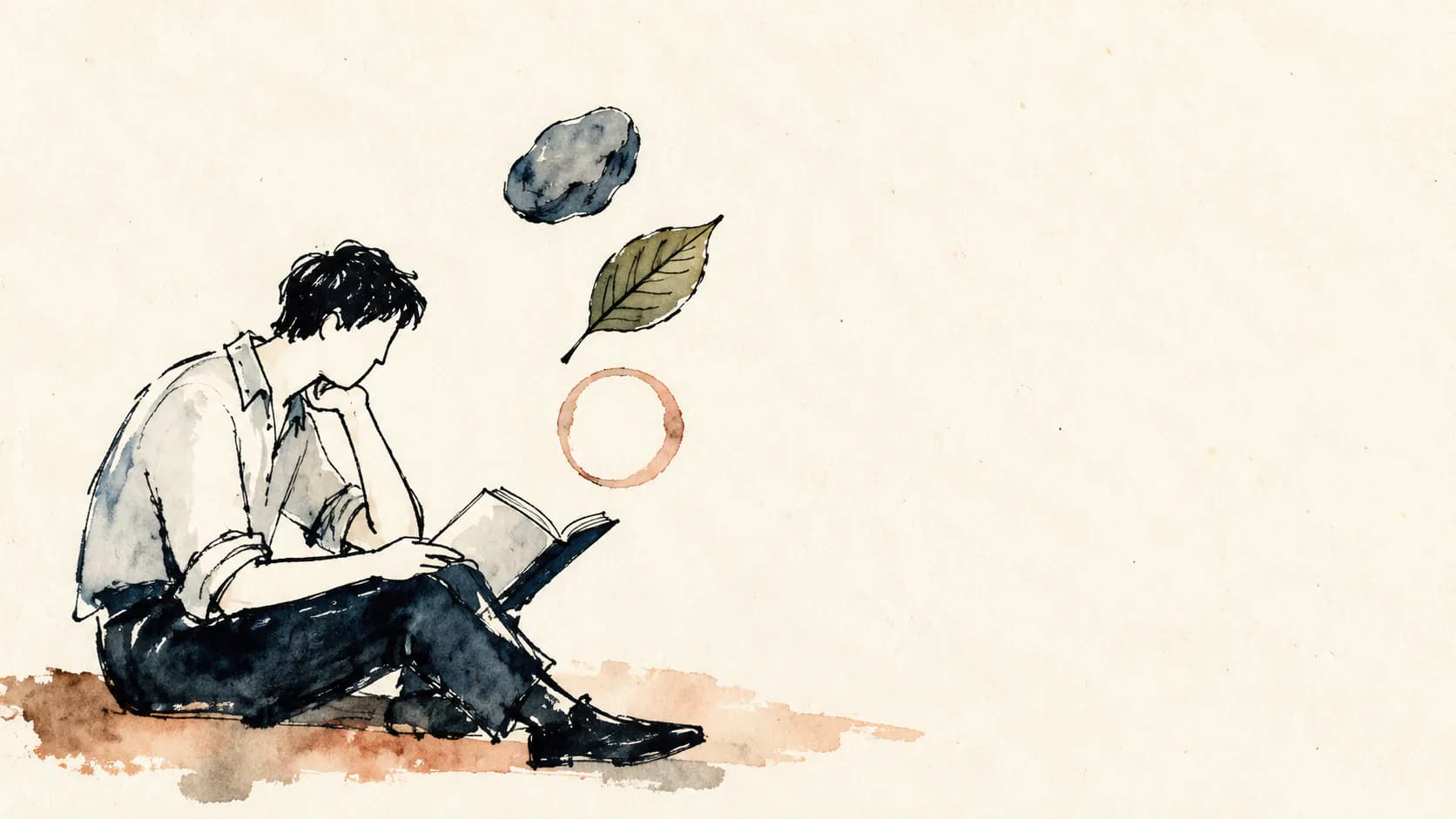 Ilustração de um leitor diante de um livro, uma pedra, uma folha e um círculo