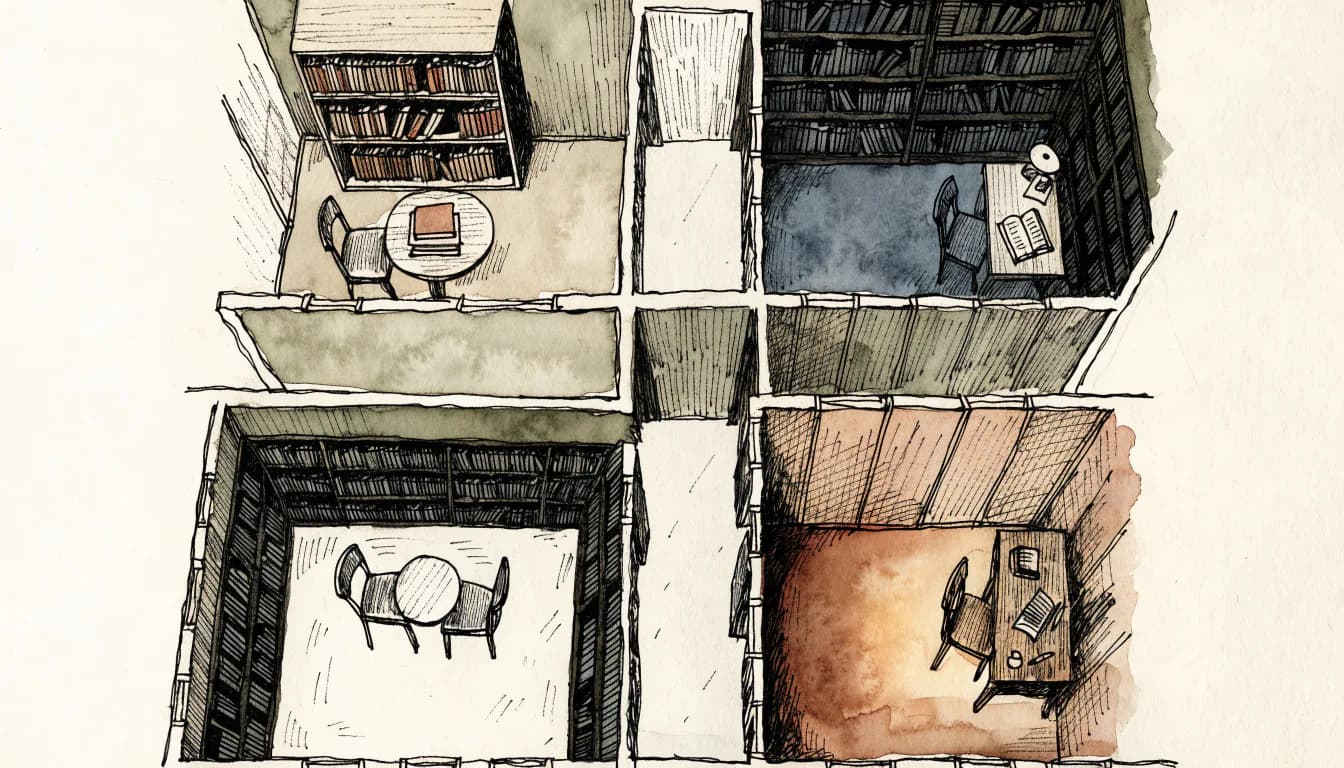 Ilustração em planta baixa de biblioteca com quatro alcovas de climas distintos