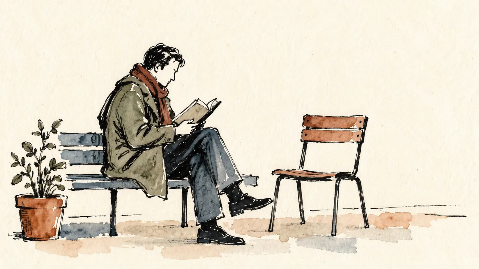 Leitor diante de livros sobre niilismo e uma paisagem vazia
