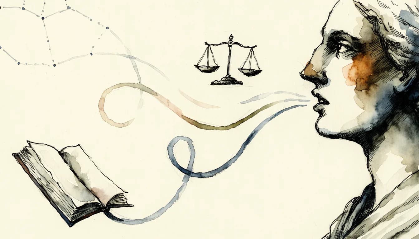 Ilustração de uma fala que se divide em três caminhos — livro, balança e constelação