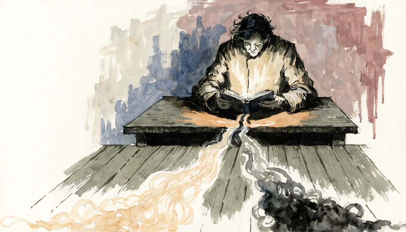 Ilustração de um leitor que abre um livro fino do qual saem dois caminhos — luz e fumaça — no chão