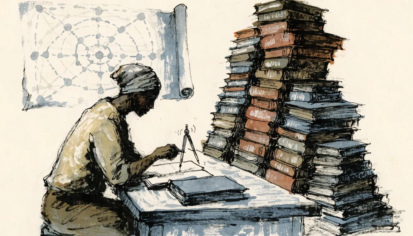 Ilustração de erudito com bússola sobre caderno diante de torre de volumes e mapa de sistemas meio enrolado