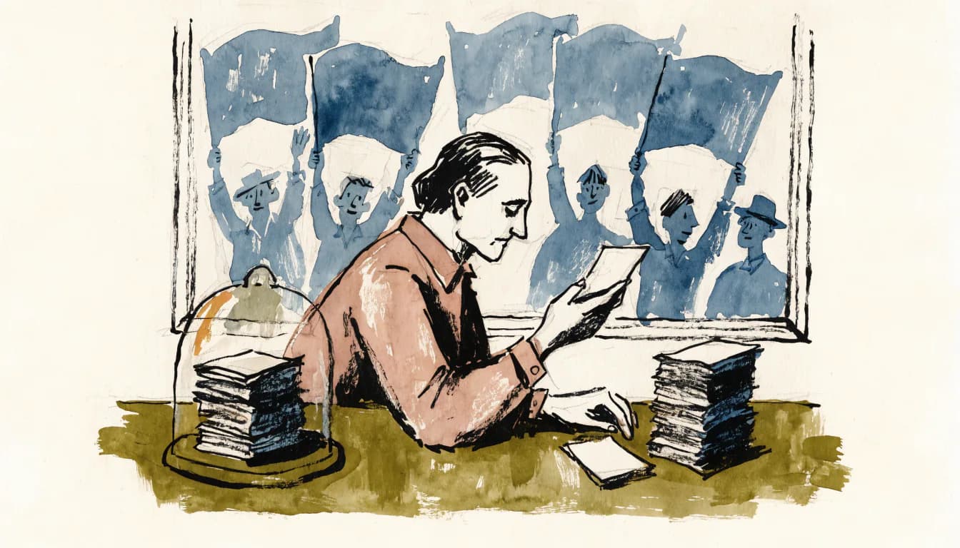 Ilustração de estudioso separando fichas em duas pilhas enquanto multidão do lado de fora agita faixas em branco