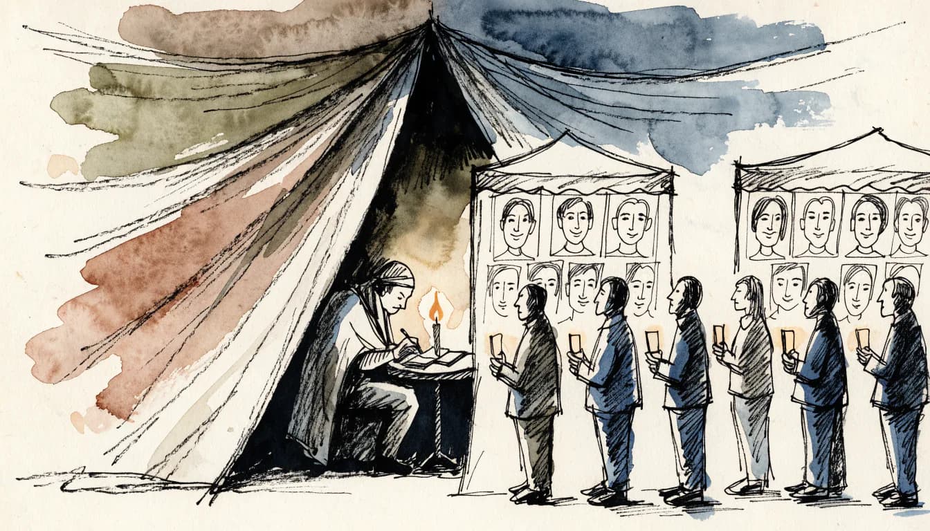 Ilustração de imperador escrevendo sozinho num caderno à luz de vela na tenda enquanto barracas vendem cartazes de calma lá fora