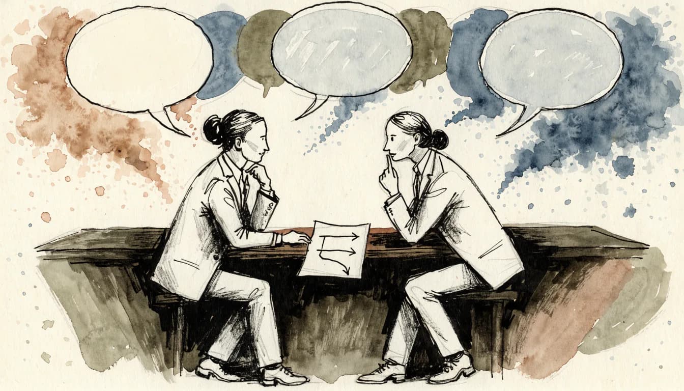 Ilustração de dois interlocutores à mesa com diagrama de silogismo no papel, enquanto balões de slogan se desfazem ao fundo
