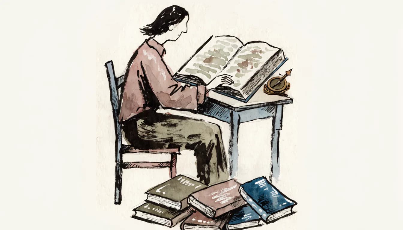 Ilustração de uma bússola de latão sobre um volume aberto de ética, com paperbacks de autoajuda virados para baixo sob a cadeira