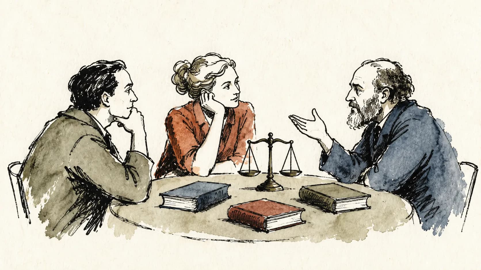 Livros de filosofia política ao lado de uma balança e de uma coluna clássica