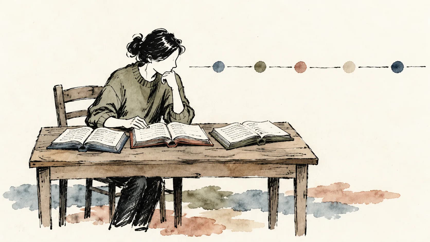 Ilustração de uma leitora comparando livros diante de uma linha do tempo