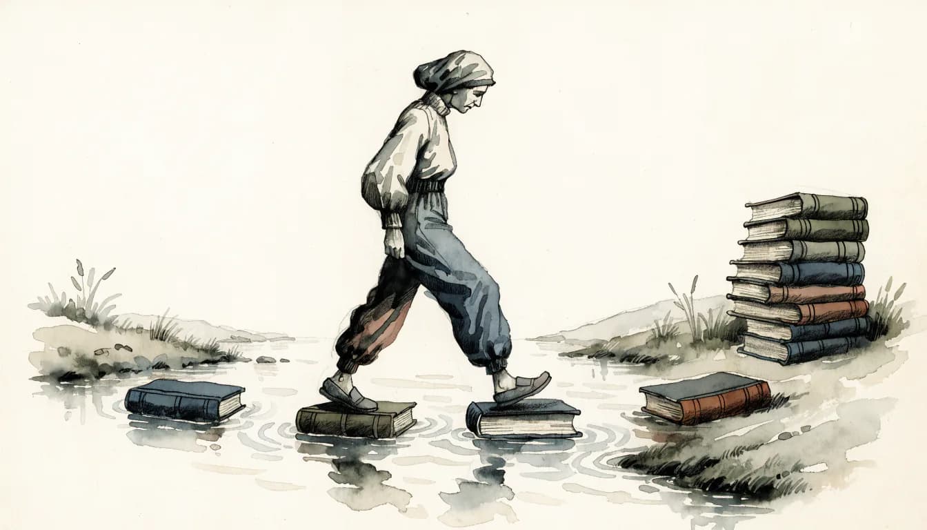 Ilustração de um leitor atravessando um riacho sobre três livros curtos, com tomos grossos na margem oposta sob névoa