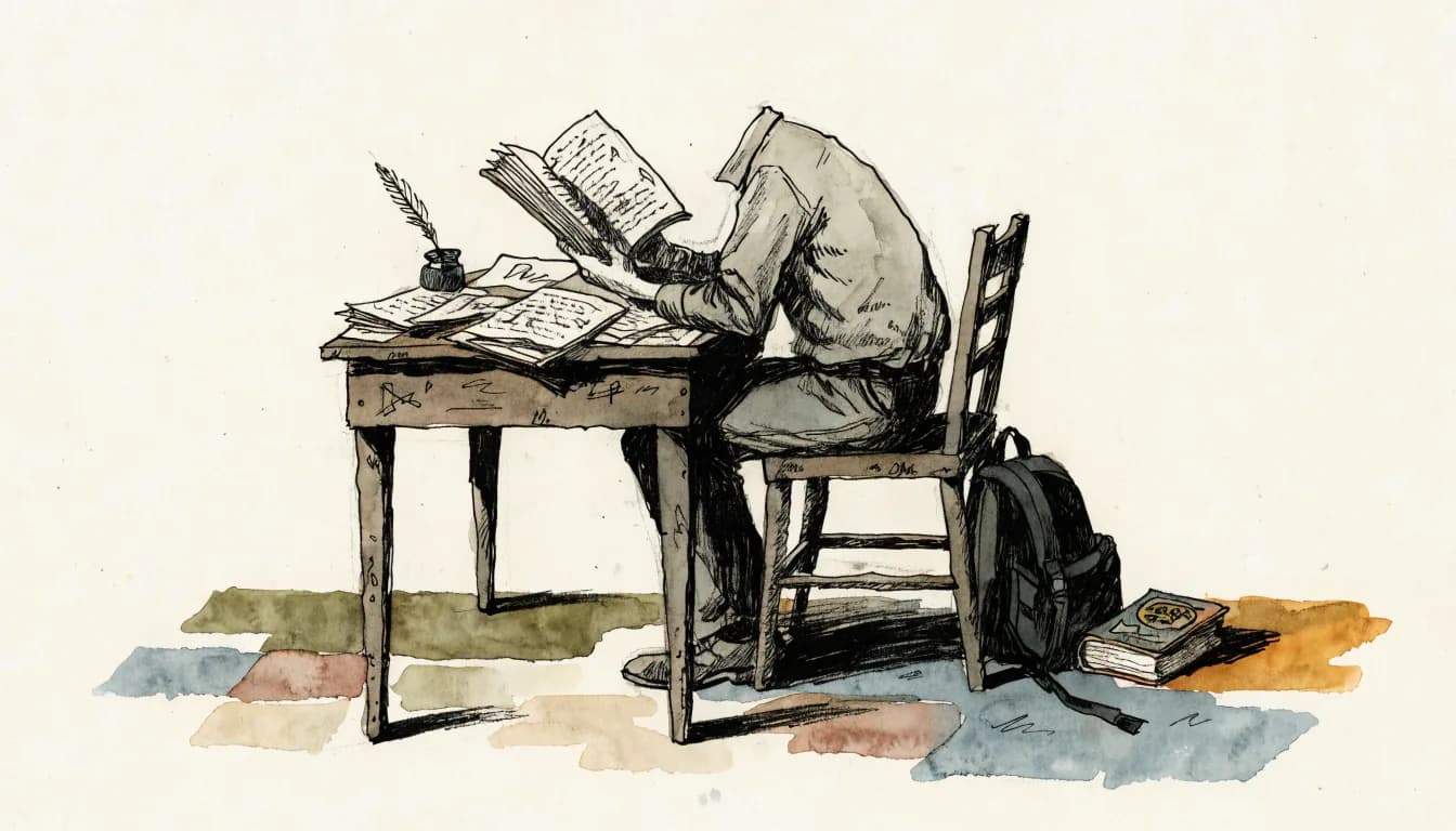 Ilustração de um volume antigo de história aberto com anotações, e um didático escolar colorido fechado na mochila ao lado da cadeira