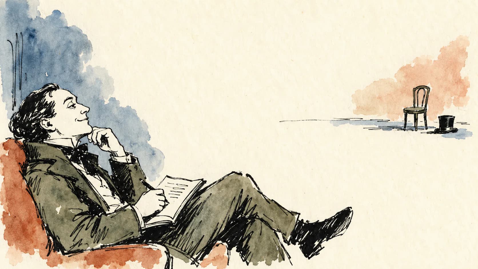 Ilustração de um narrador do século XIX reclinado com um livro, diante de uma cadeira vazia