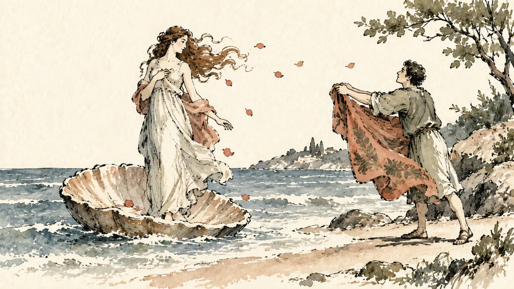 Figura sobre uma concha aproxima-se da praia em interpretação editorial da pintura de Botticelli